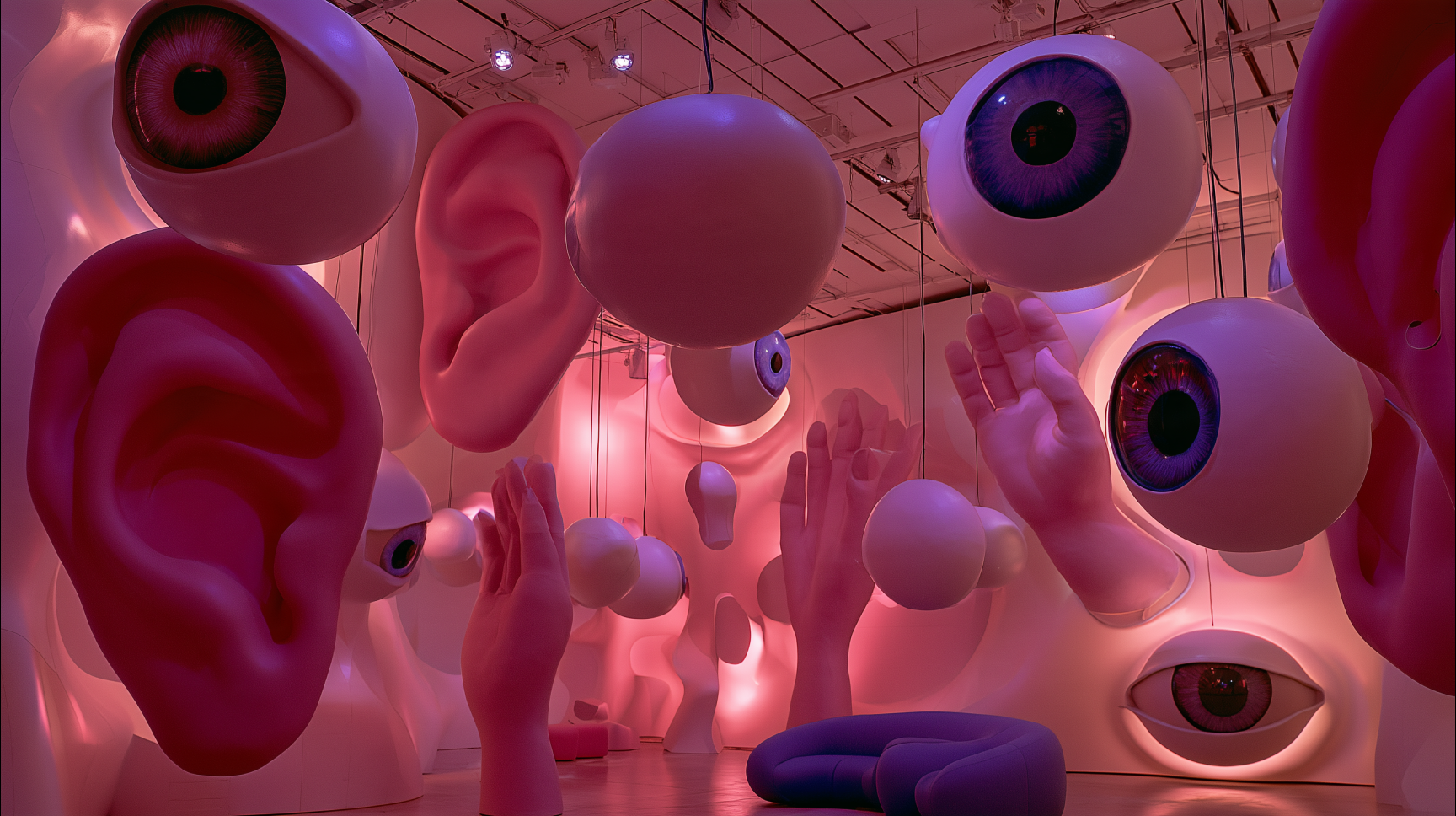 An immersive exhibition filled with sculptural eyes, ears, and hands